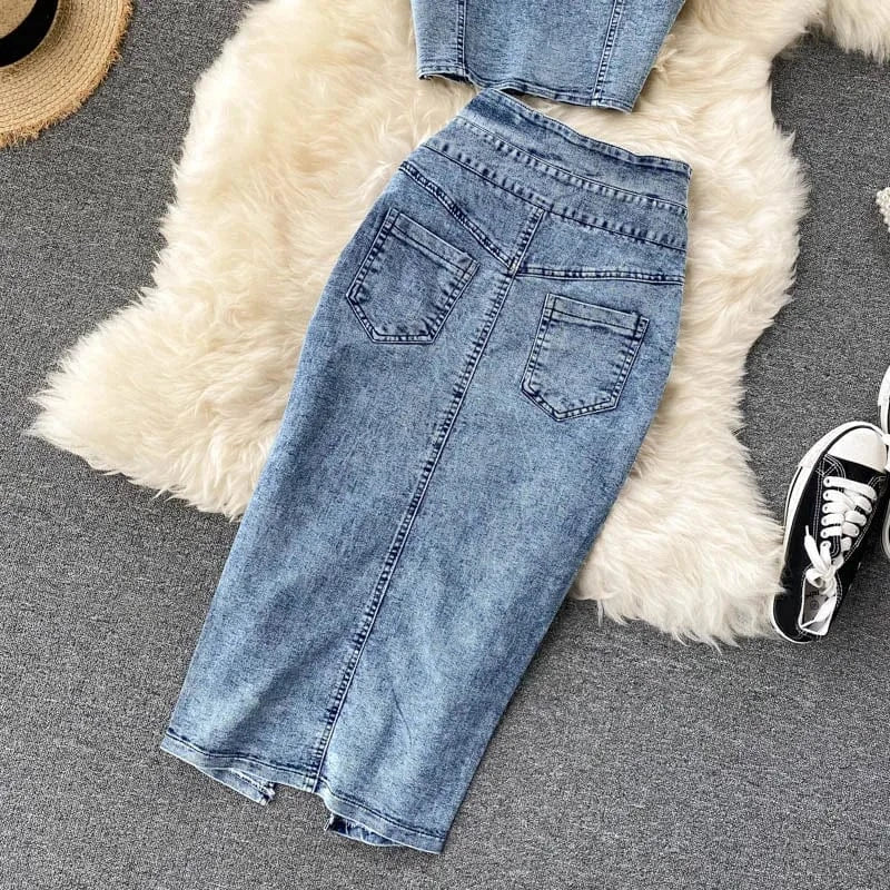 ZHEZHE 2024 Summer New Chic Sleeveless Tank Top Matching Bodycon Long Skirt Denim Two Piece Skirt Set Fashion Women Set