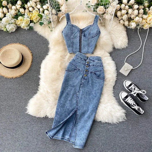 ZHEZHE 2024 Summer New Chic Sleeveless Tank Top Matching Bodycon Long Skirt Denim Two Piece Skirt Set Fashion Women Set
