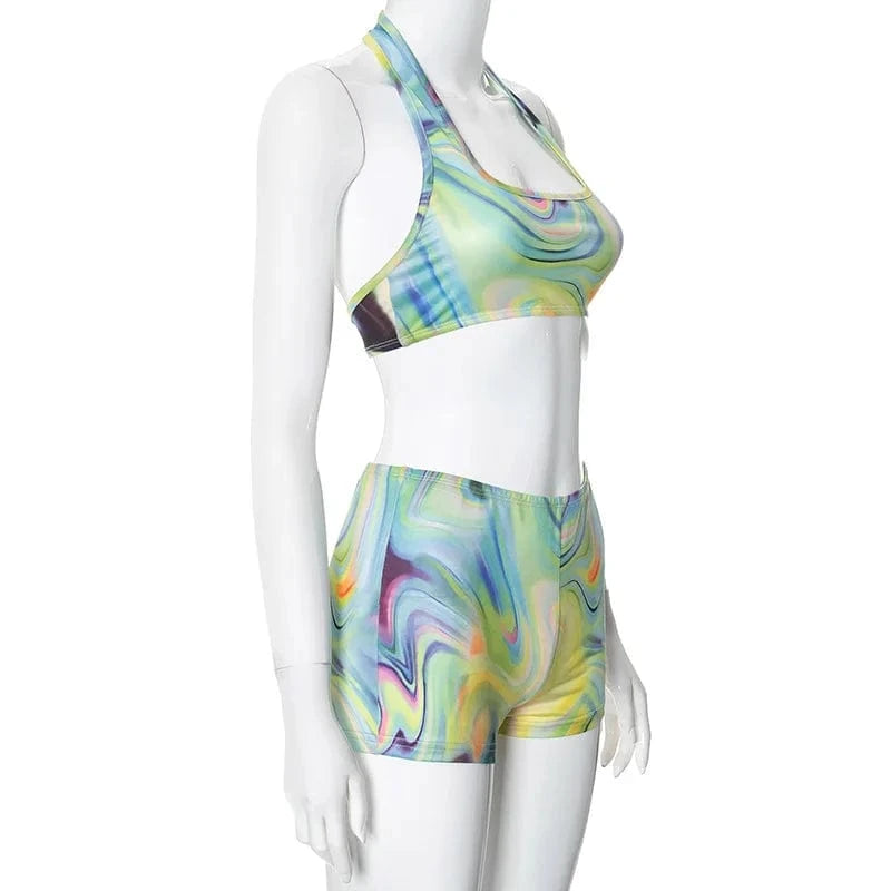 ZHEZHE 2024 Summer New Fashion Print Hanging Neck Tank Top And Elastic Biker Shorts Women Sports 2 Piece Set