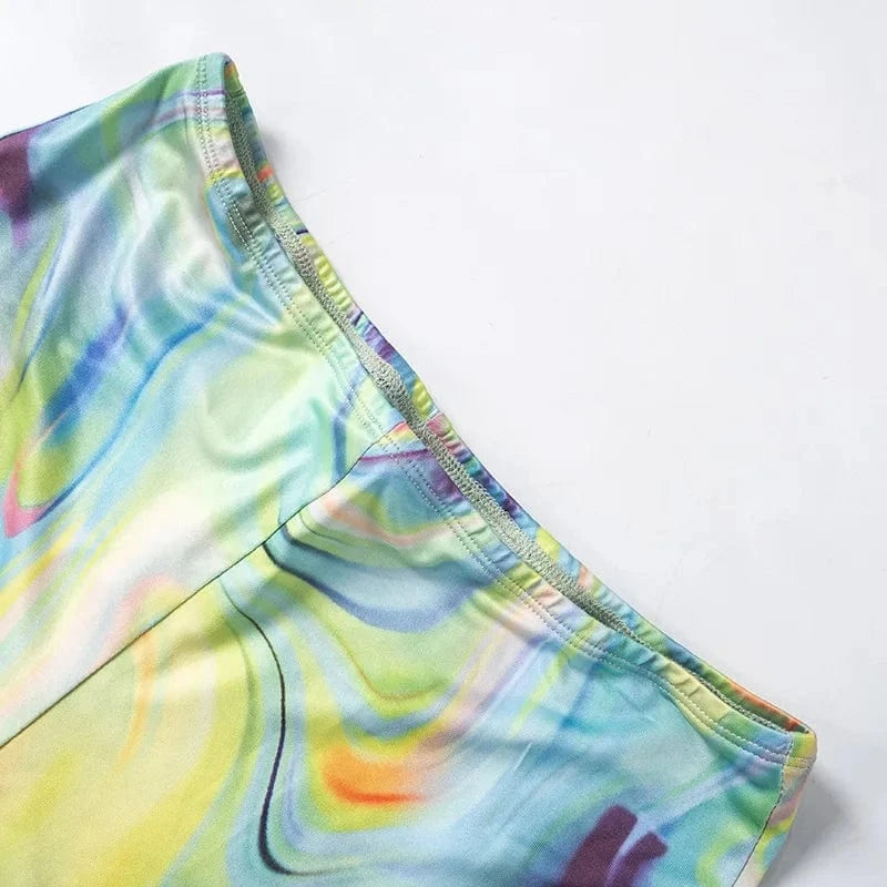 ZHEZHE 2024 Summer New Fashion Print Hanging Neck Tank Top And Elastic Biker Shorts Women Sports 2 Piece Set