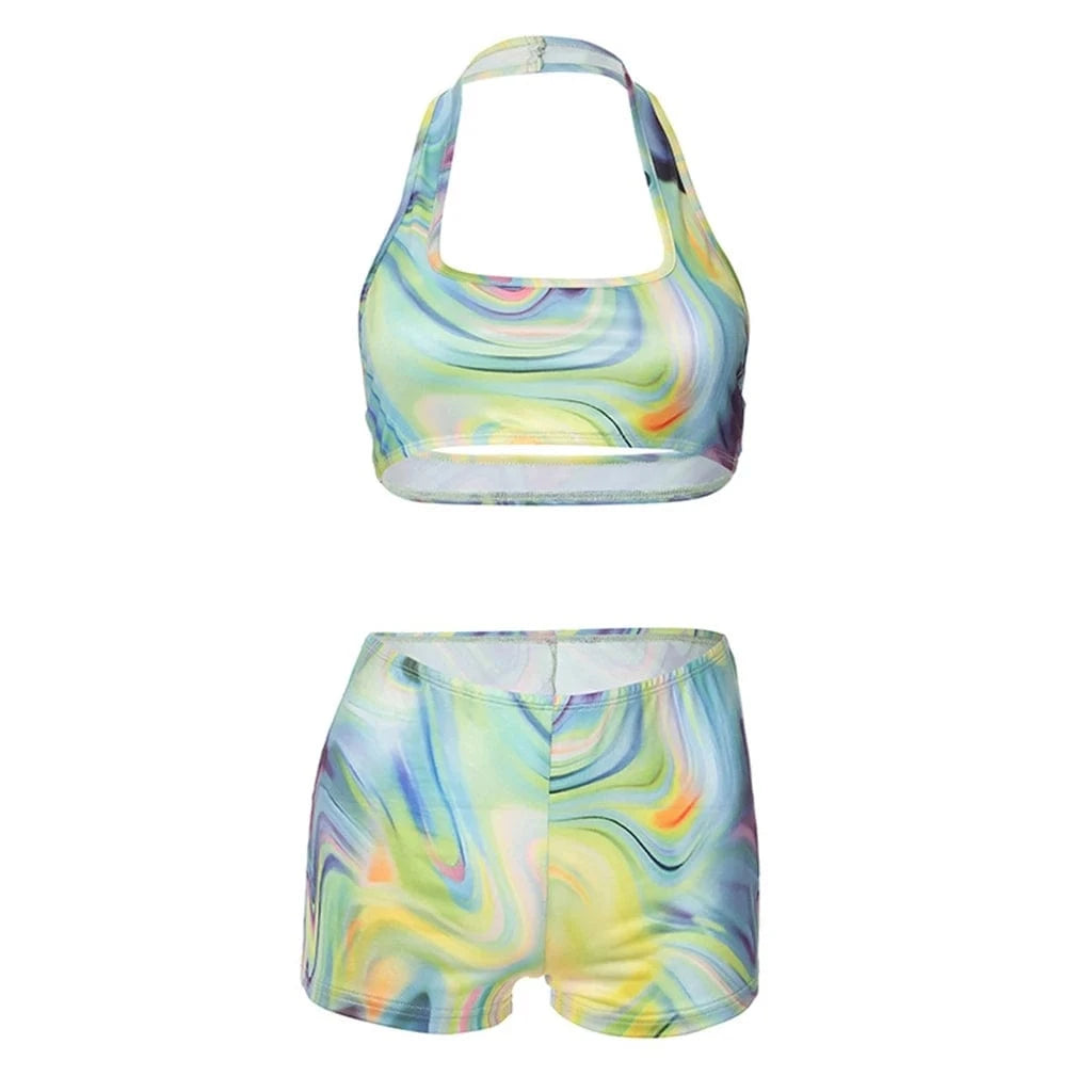 ZHEZHE 2024 Summer New Fashion Print Hanging Neck Tank Top And Elastic Biker Shorts Women Sports 2 Piece Set