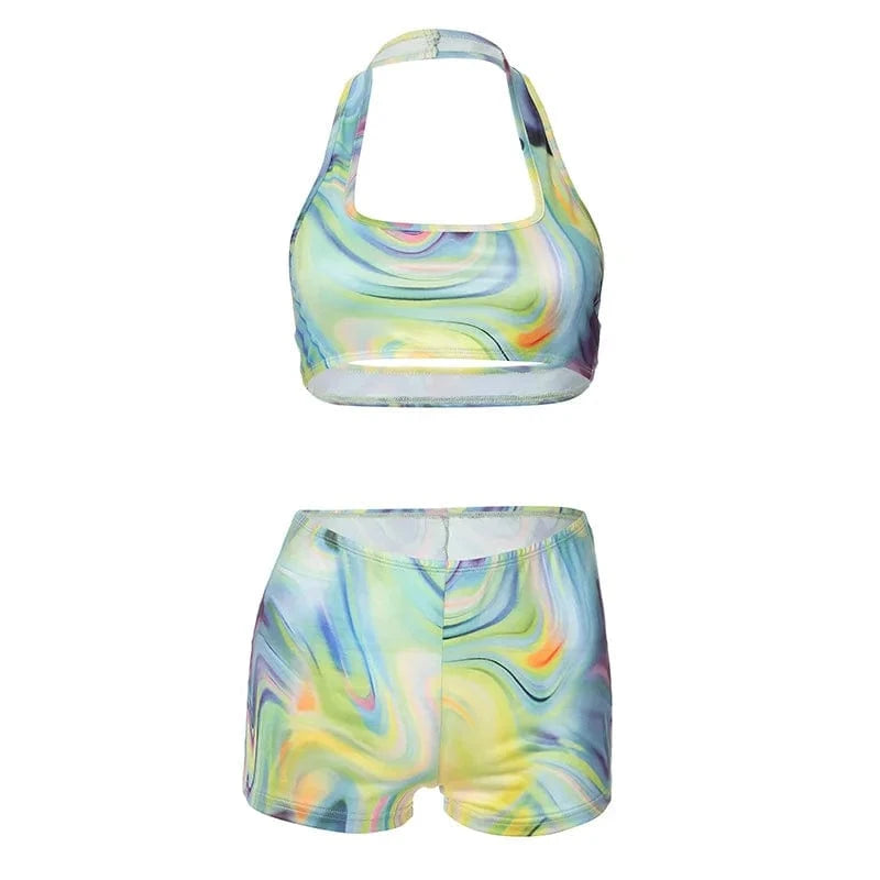 ZHEZHE 2024 Summer New Fashion Print Hanging Neck Tank Top And Elastic Biker Shorts Women Sports 2 Piece Set