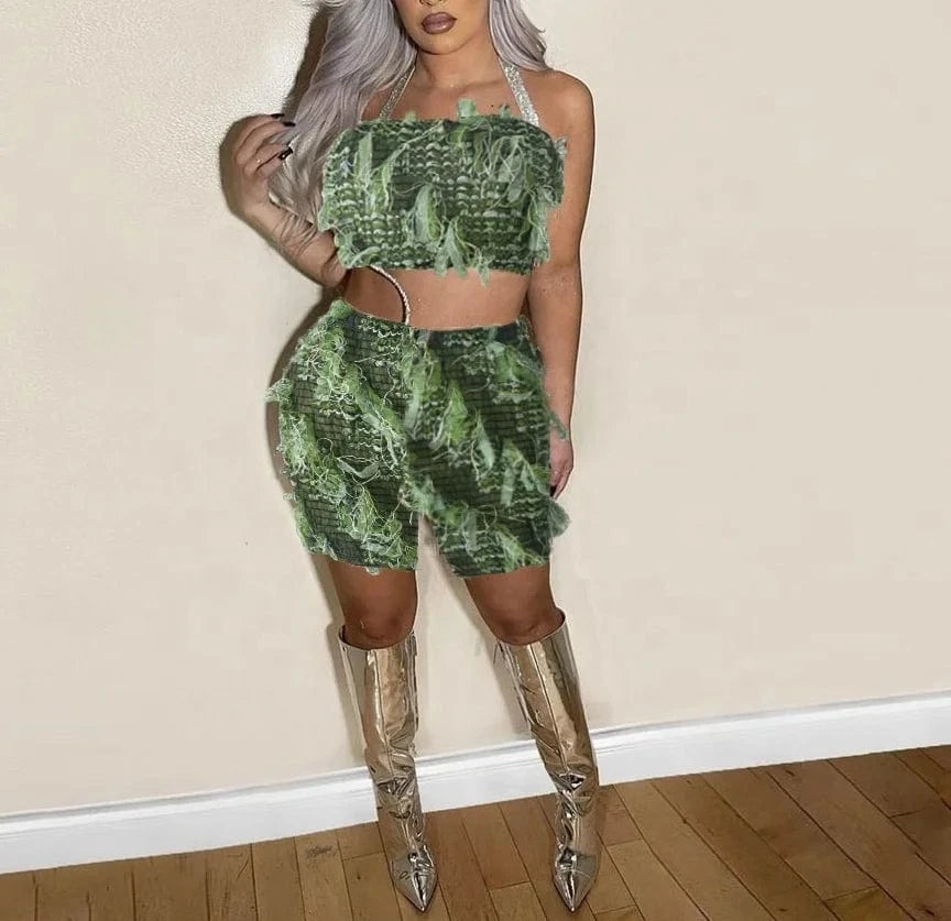 ZHEZHE 2024 Summer Y2K Tassel Tube Top And Navel Mesh Western Beggar's Two Piece Short Set