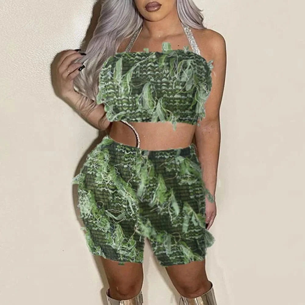 ZHEZHE 2024 Summer Y2K Tassel Tube Top And Navel Mesh Western Beggar's Two Piece Short Set