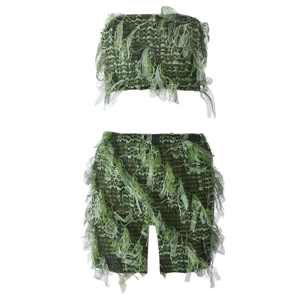 ZHEZHE 2024 Summer Y2K Tassel Tube Top And Navel Mesh Western Beggar's Two Piece Short Set