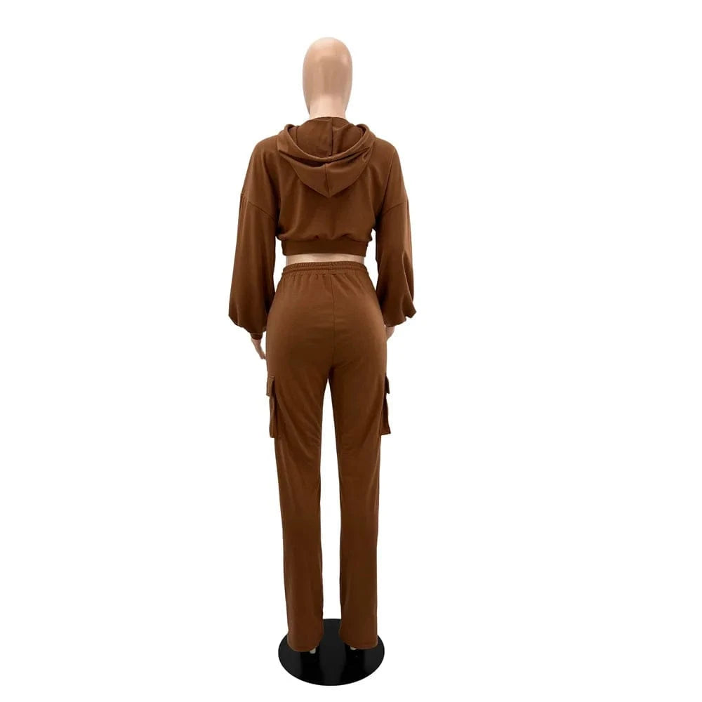 ZHEZHE 2024 The Latest Fashion Hot Casual Hoodie Solid Color Cargo Straight Trouser Suit Autumn And Winter Two Piece Sets