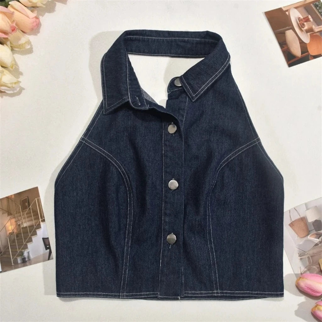 ZHEZHE 2024 Wholesale Jeans Sexy 2 Piece Sets For Women Halter Backless CropTop Matching Elastic Maxi Skirt Women Denim Set