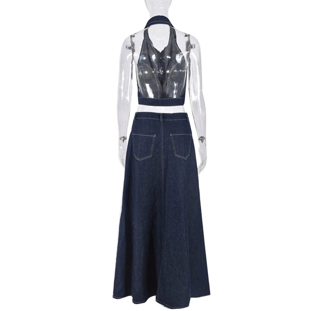 ZHEZHE 2024 Wholesale Jeans Sexy 2 Piece Sets For Women Halter Backless CropTop Matching Elastic Maxi Skirt Women Denim Set