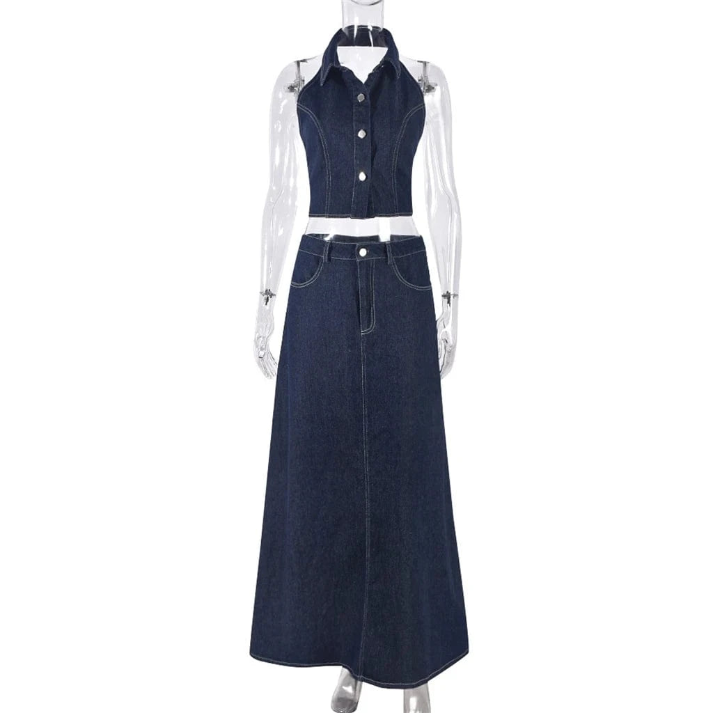 ZHEZHE 2024 Wholesale Jeans Sexy 2 Piece Sets For Women Halter Backless CropTop Matching Elastic Maxi Skirt Women Denim Set