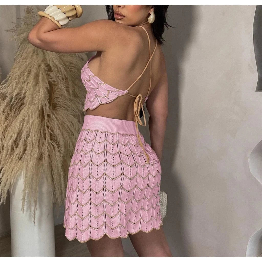 ZHEZHE 2024 y2k Clothing Women Clothes Set Crochet 2 piece Skirt Set Hollow Out Backless  Knitted Elastic Casual Skirt Set