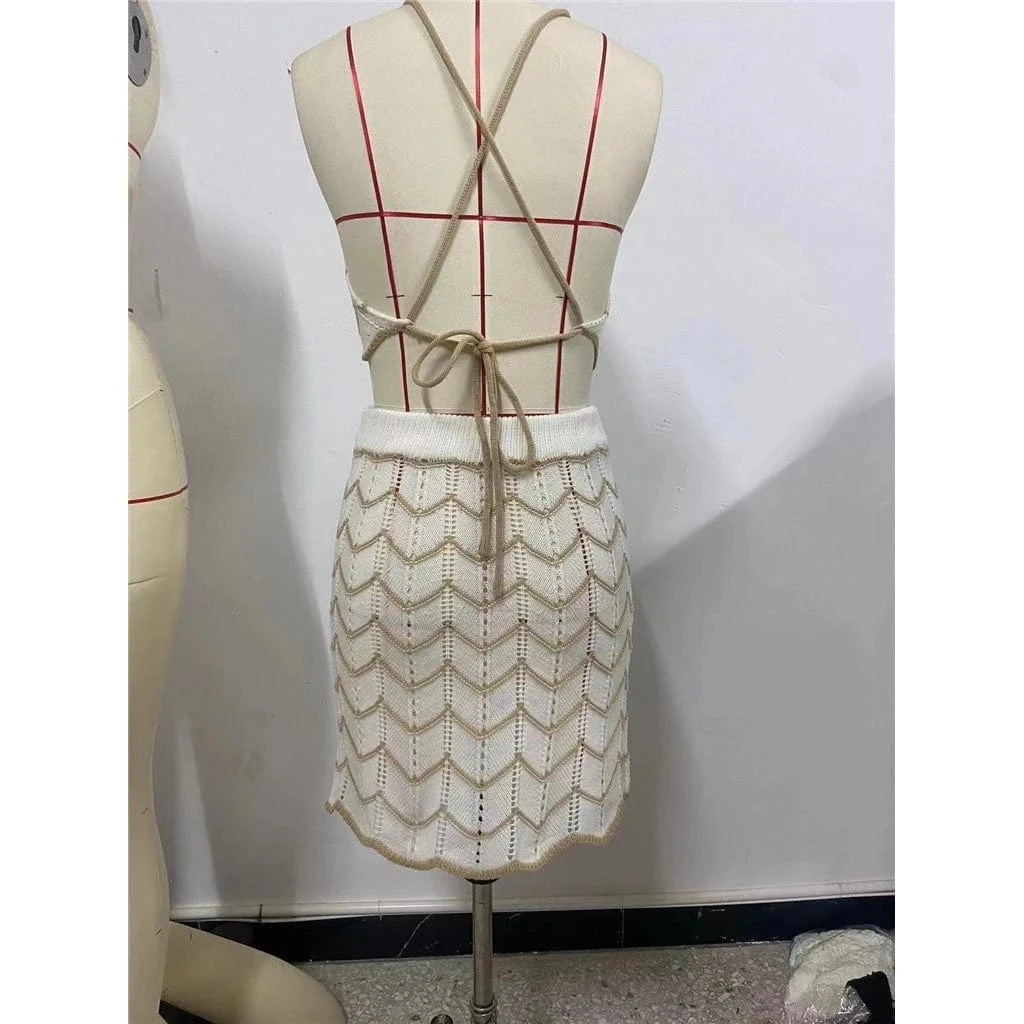 ZHEZHE 2024 y2k Clothing Women Clothes Set Crochet 2 piece Skirt Set Hollow Out Backless  Knitted Elastic Casual Skirt Set