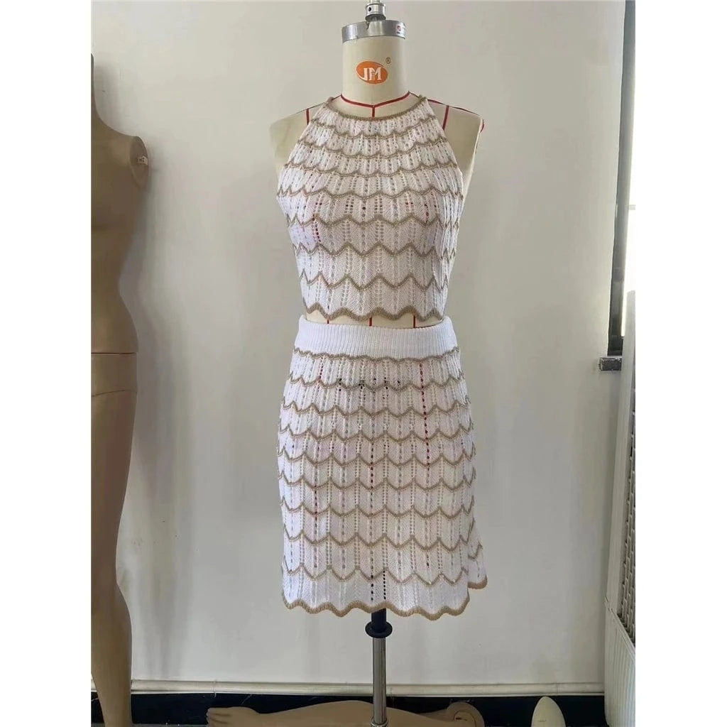 ZHEZHE 2024 y2k Clothing Women Clothes Set Crochet 2 piece Skirt Set Hollow Out Backless  Knitted Elastic Casual Skirt Set