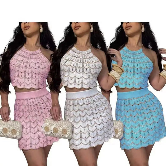 ZHEZHE 2024 y2k Clothing Women Clothes Set Crochet 2 piece Skirt Set Hollow Out Backless  Knitted Elastic Casual Skirt Set