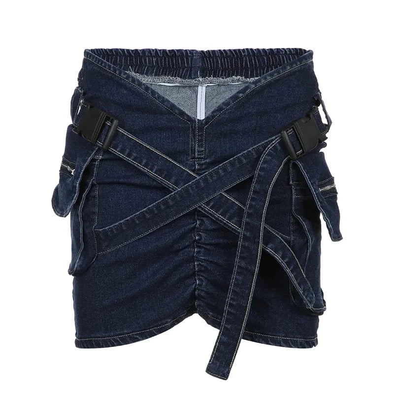 ZHEZHE 2024 Y2k Cross Belt Denim Skirts Women Summer Patchwork High V Waist Casual Ruched Zip Pockets Mini Skirt