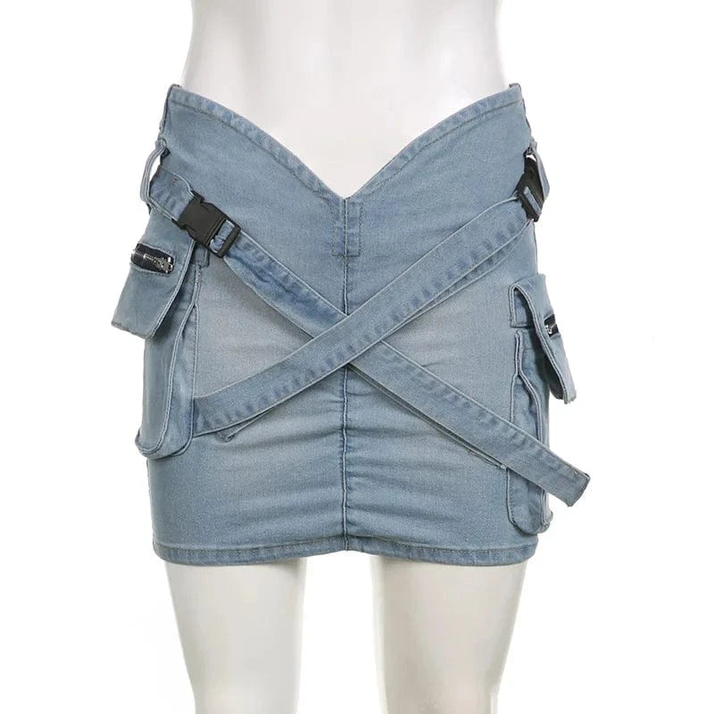 ZHEZHE 2024 Y2k Cross Belt Denim Skirts Women Summer Patchwork High V Waist Casual Ruched Zip Pockets Mini Skirt