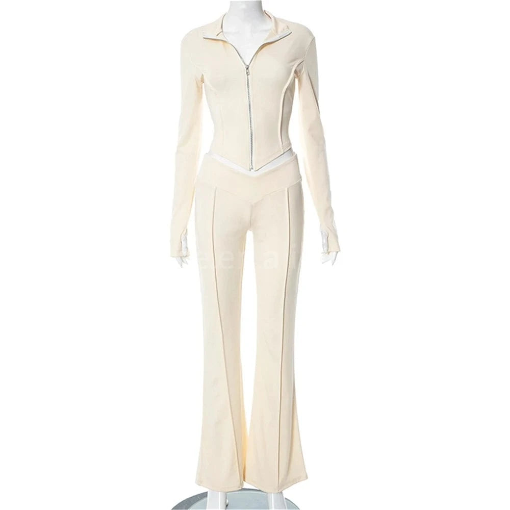 ZHEZHE Autumn 2024 New Long Sleeve Zipper Crop Top And Flared Long Pant 2 Piece Set Solid Bodycon Casual Women's Set