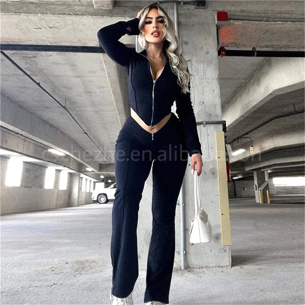 ZHEZHE Autumn 2024 New Long Sleeve Zipper Crop Top And Flared Long Pant 2 Piece Set Solid Bodycon Casual Women's Set