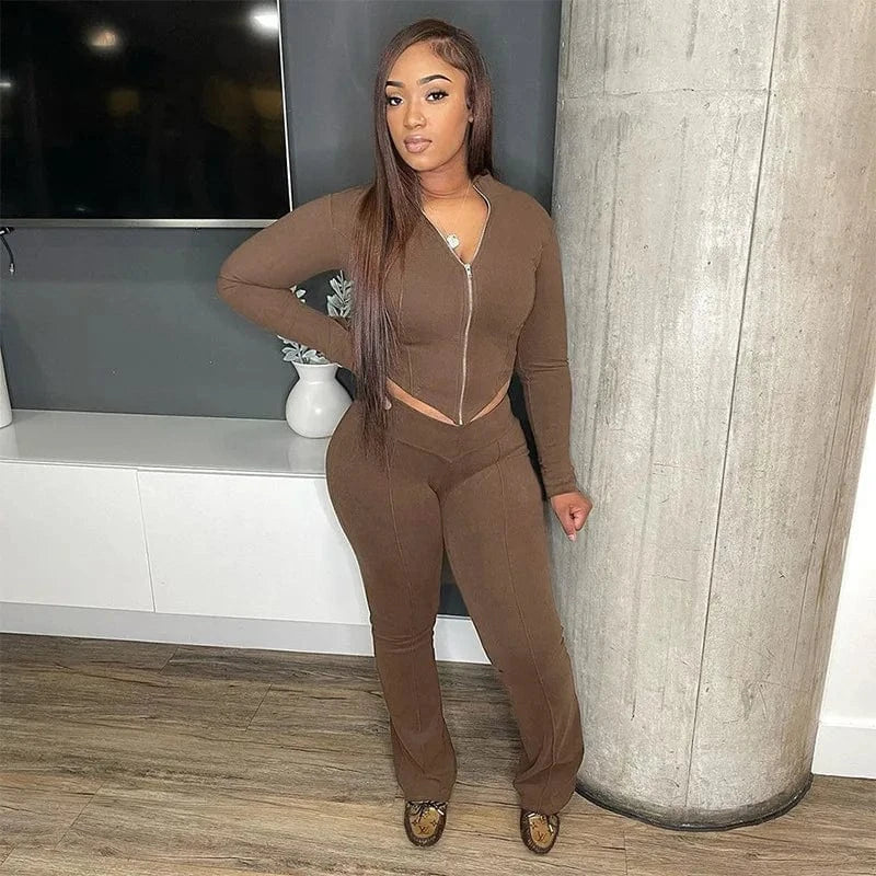 ZHEZHE Autumn 2024 New Long Sleeve Zipper Crop Top And Flared Long Pant 2 Piece Set Solid Bodycon Casual Women's Set