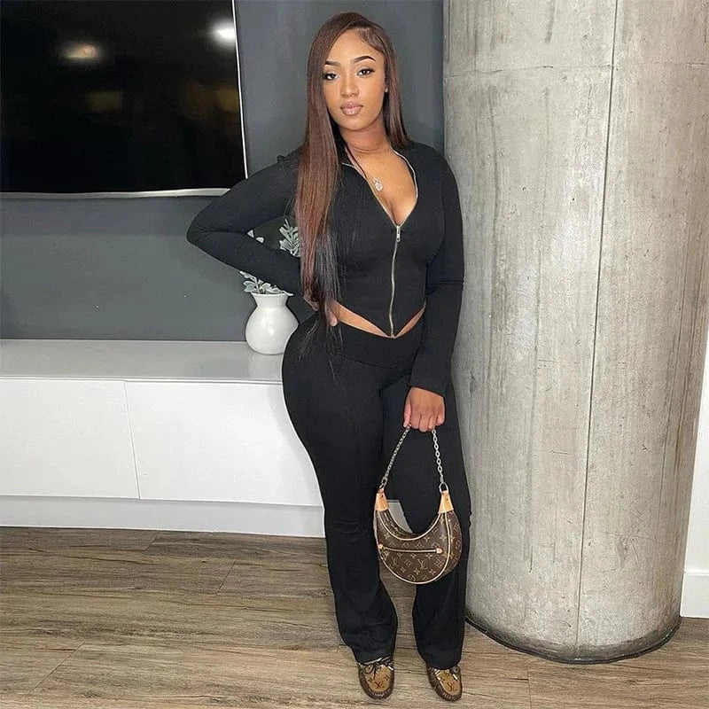 ZHEZHE Autumn 2024 New Long Sleeve Zipper Crop Top And Flared Long Pant 2 Piece Set Solid Bodycon Casual Women's Set