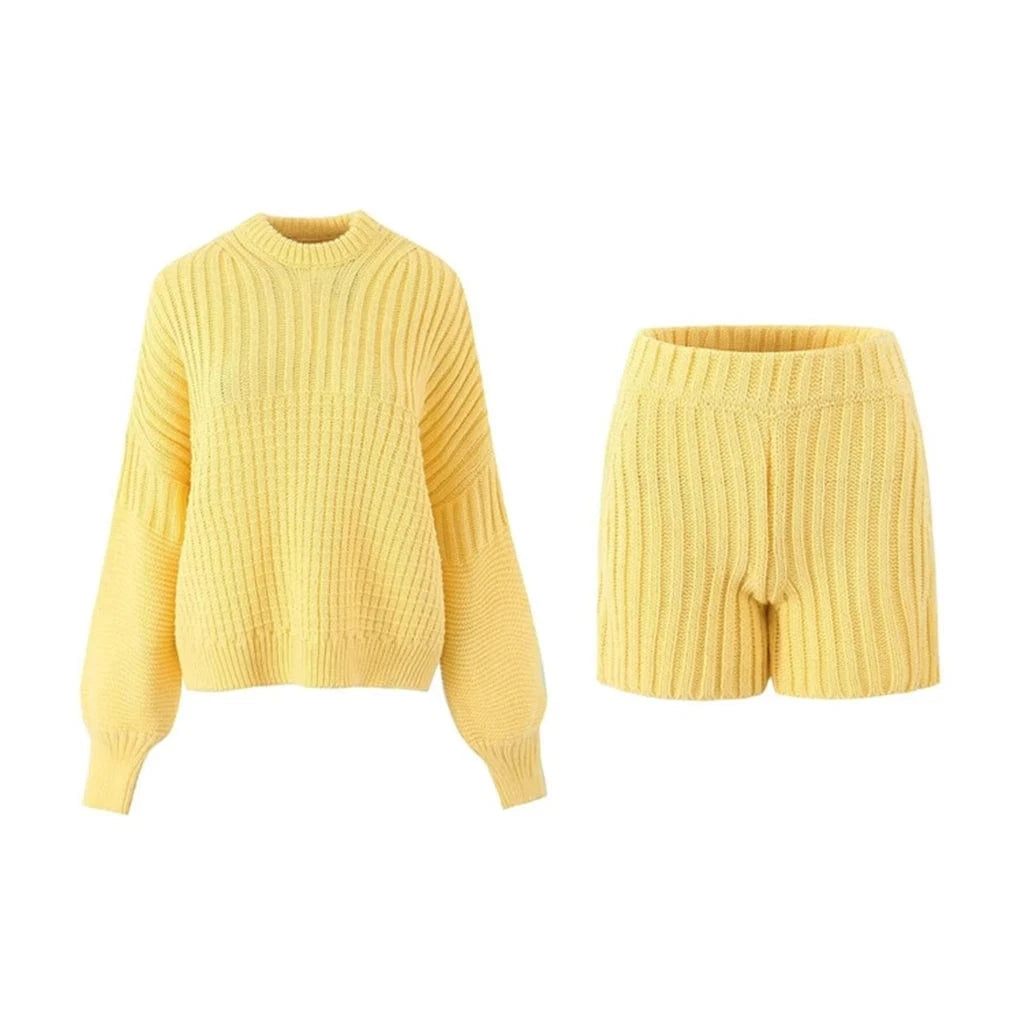 ZHEZHE Autumn Winter Knitted Women 2 Piece Sets Soild Long Sleeve Pullover Top and Casual Shorts Street Outfits