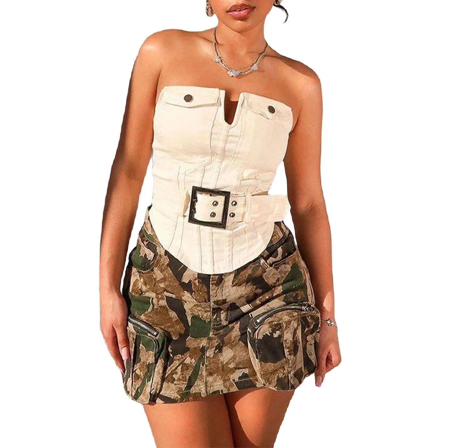 ZHEZHE Camouflage Print Cargo Skirts Stretch Denim Club Outfits 2024 Fashion Women Clothing Summer High Waist Jean Mini Skirt