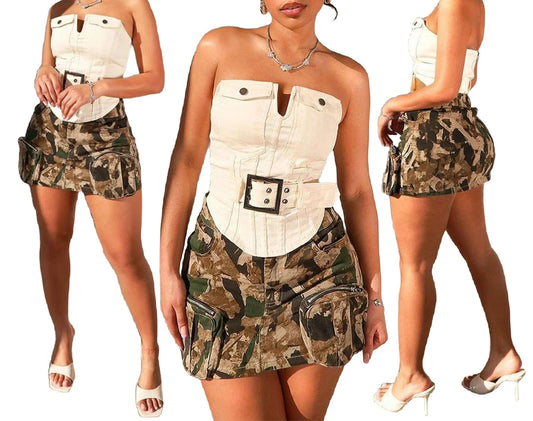 ZHEZHE Camouflage Print Cargo Skirts Stretch Denim Club Outfits 2024 Fashion Women Clothing Summer High Waist Jean Mini Skirt