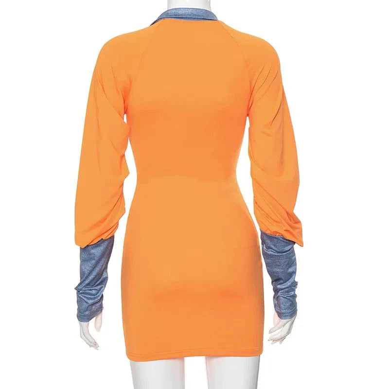 ZHEZHE Casual 2024 Spring New Patchwork Crew Neck Long Sleeve Mini Dress Bodycon Zipper Fashion Clothes For Women Lady