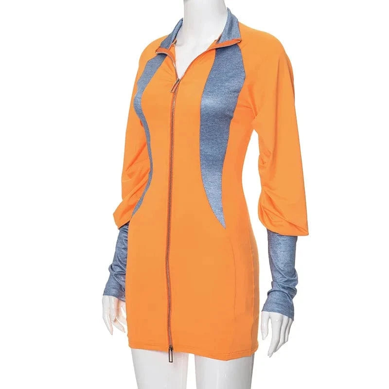 ZHEZHE Casual 2024 Spring New Patchwork Crew Neck Long Sleeve Mini Dress Bodycon Zipper Fashion Clothes For Women Lady