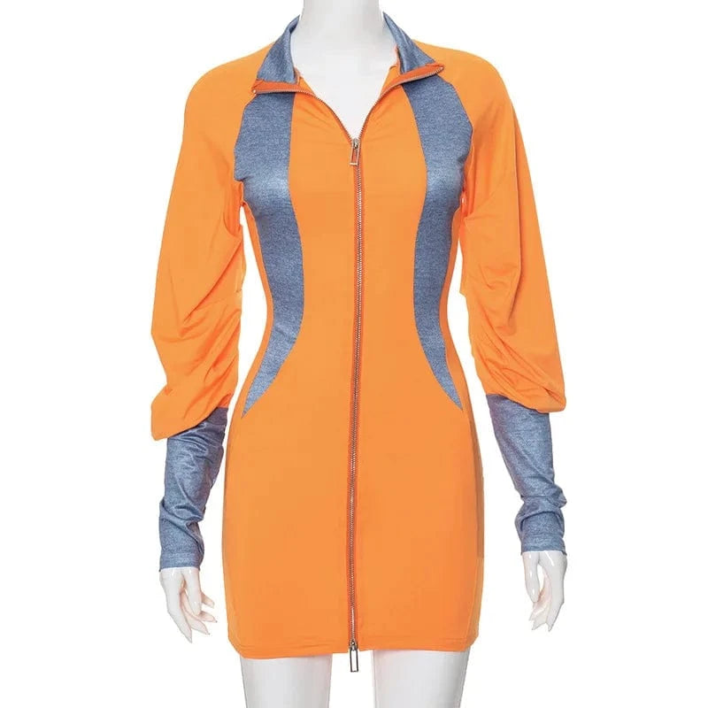 ZHEZHE Casual 2024 Spring New Patchwork Crew Neck Long Sleeve Mini Dress Bodycon Zipper Fashion Clothes For Women Lady