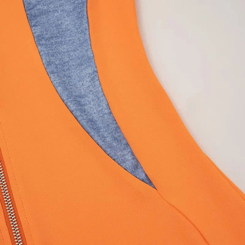 ZHEZHE Casual 2024 Spring New Patchwork Crew Neck Long Sleeve Mini Dress Bodycon Zipper Fashion Clothes For Women Lady