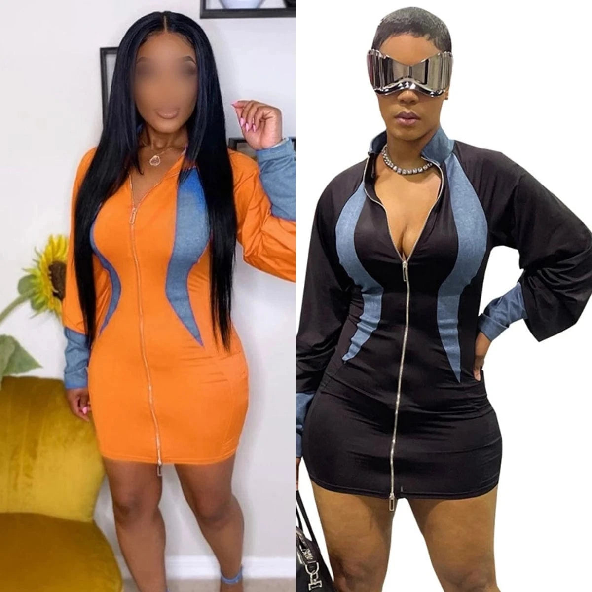 ZHEZHE Casual 2024 Spring New Patchwork Crew Neck Long Sleeve Mini Dress Bodycon Zipper Fashion Clothes For Women Lady