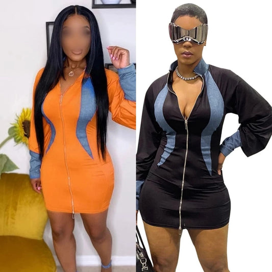ZHEZHE Casual 2024 Spring New Patchwork Crew Neck Long Sleeve Mini Dress Bodycon Zipper Fashion Clothes For Women Lady