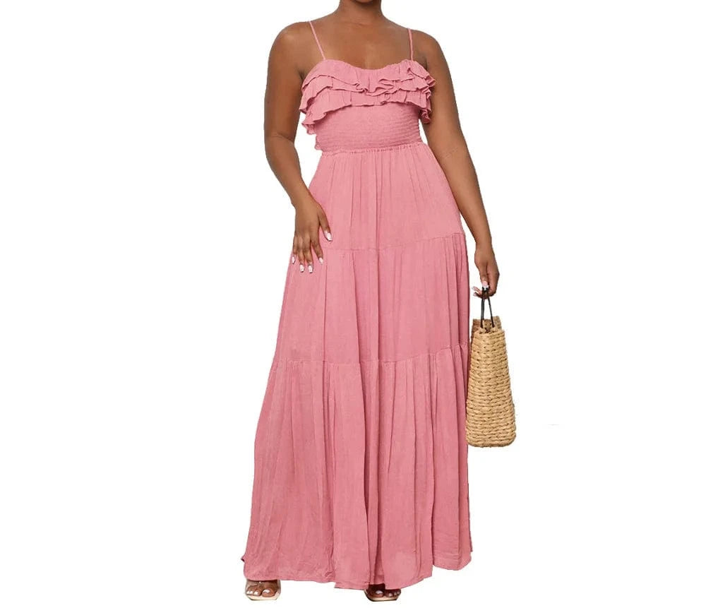 ZHEZHE Casual Summer 2024 New Arrivals Sleeveless Mushroom Edge Backless Bow Tie Women'S Maxi Dress