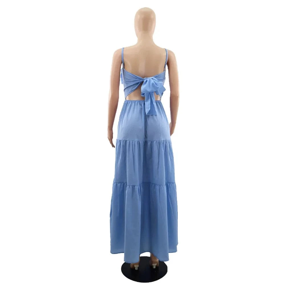 ZHEZHE Casual Summer 2024 New Arrivals Sleeveless Mushroom Edge Backless Bow Tie Women'S Maxi Dress
