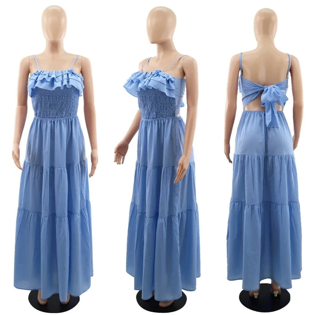 ZHEZHE Casual Summer 2024 New Arrivals Sleeveless Mushroom Edge Backless Bow Tie Women'S Maxi Dress