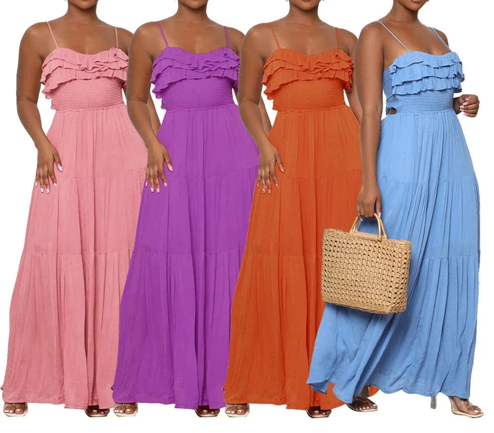 ZHEZHE Casual Summer 2024 New Arrivals Sleeveless Mushroom Edge Backless Bow Tie Women'S Maxi Dress