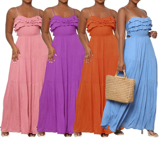 ZHEZHE Casual Summer 2024 New Arrivals Sleeveless Mushroom Edge Backless Bow Tie Women'S Maxi Dress