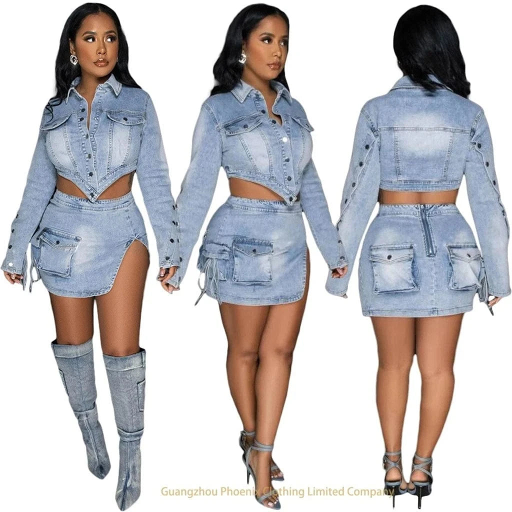 ZHEZHE denim Women 2 Piece Set 2024 Summer Trend stretch long sleeve jackets and split pockets skirts Matching Set Streetwear