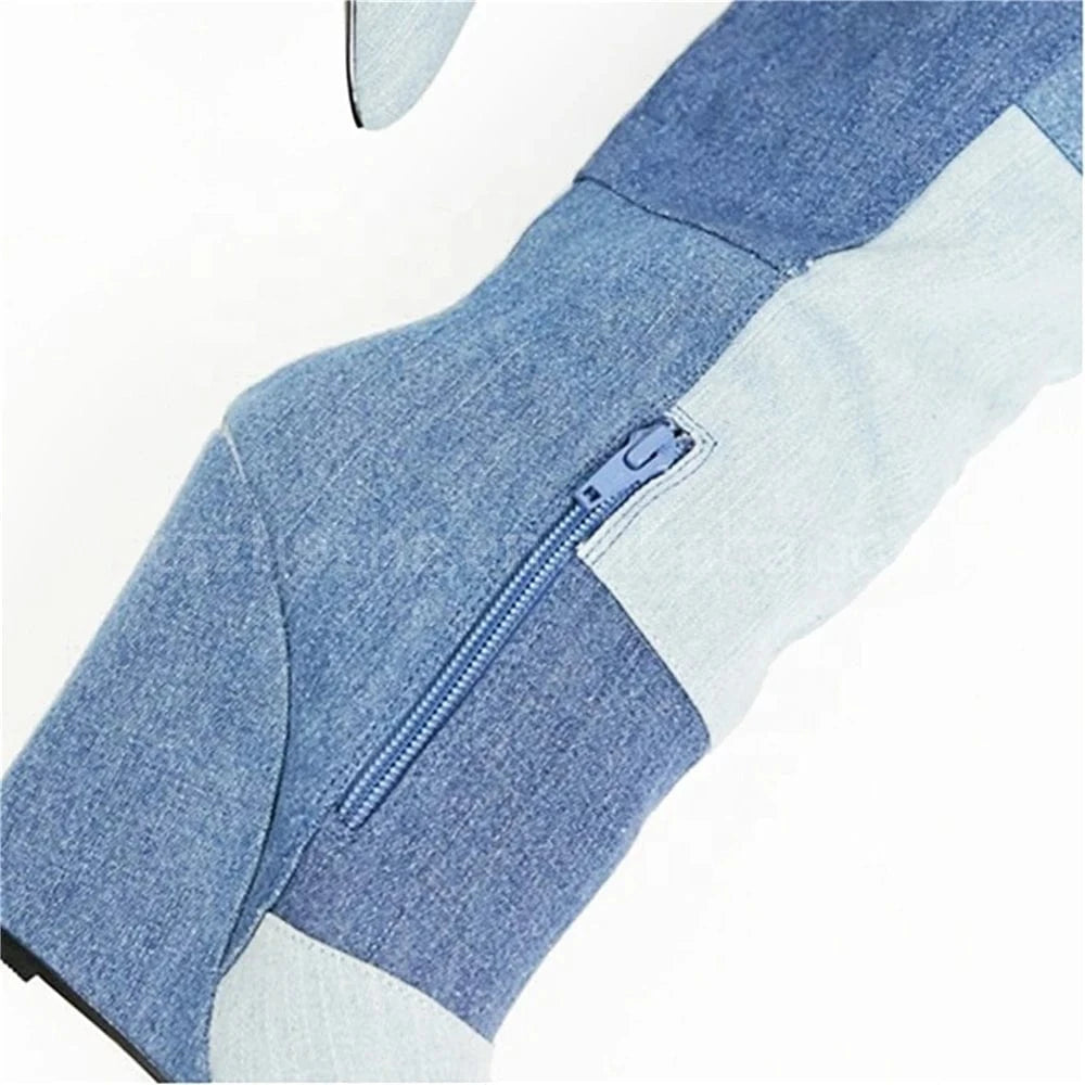 ZHEZHE Design Plus Size High Heel Ladies Fashion Shoes Women Long Denim Jean Boots Knee Length Women's Boots