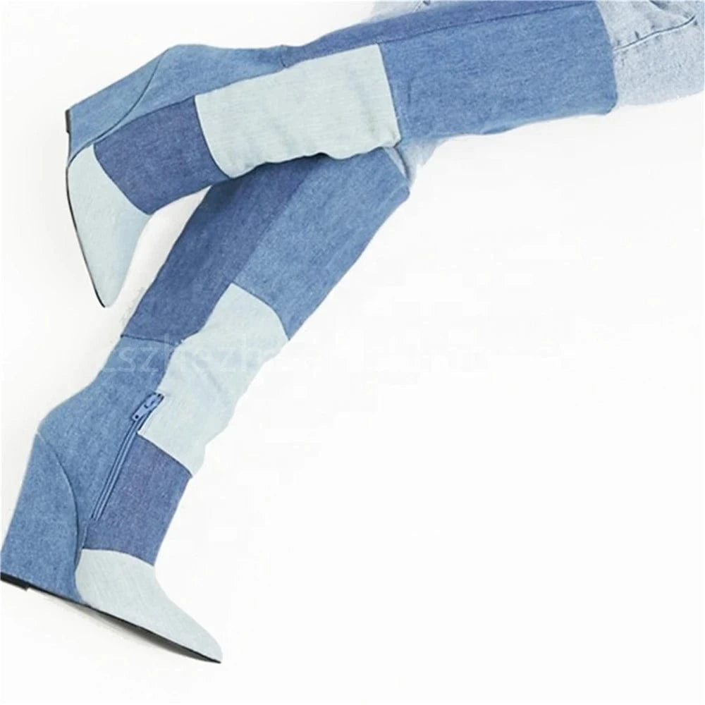 ZHEZHE Design Plus Size High Heel Ladies Fashion Shoes Women Long Denim Jean Boots Knee Length Women's Boots