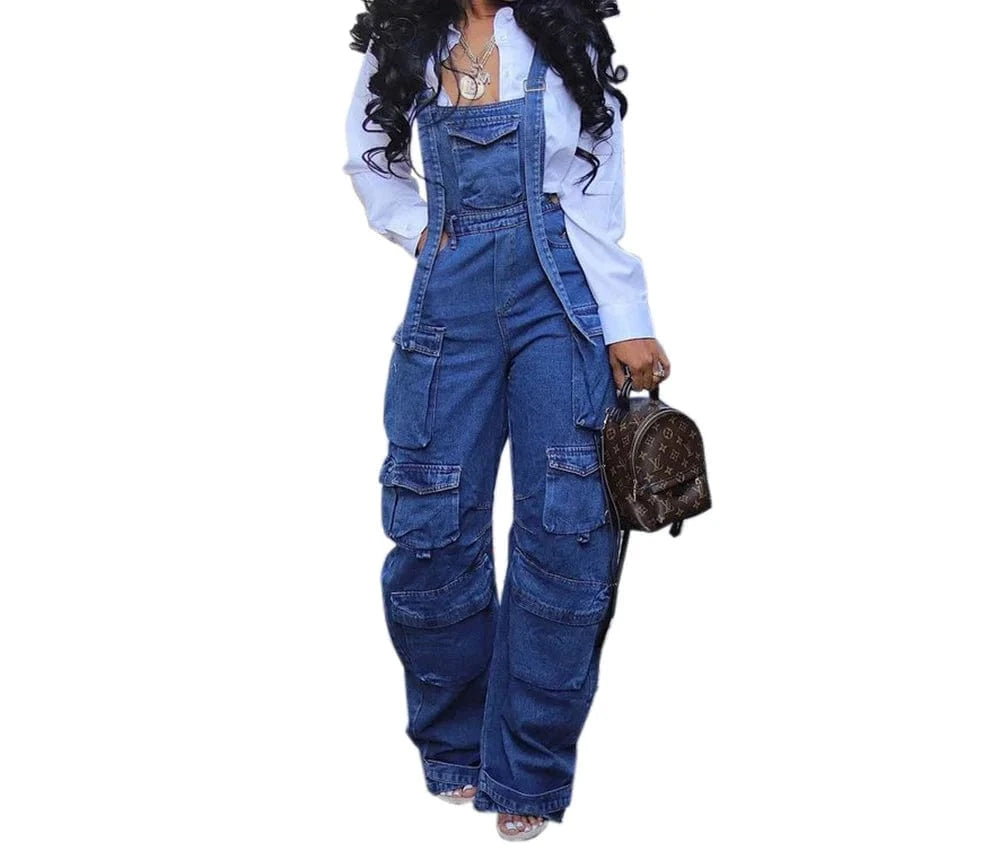 ZHEZHE Fashion 2024 clothing boutique street wear jeans multi-pocket women denim cargo jumpsuit with straps