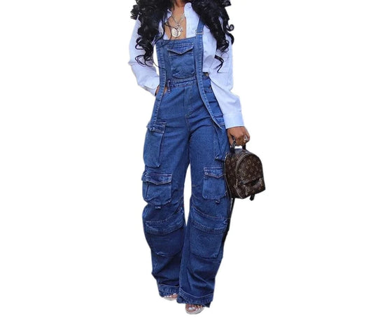 ZHEZHE Fashion 2024 clothing boutique street wear jeans multi-pocket women denim cargo jumpsuit with straps