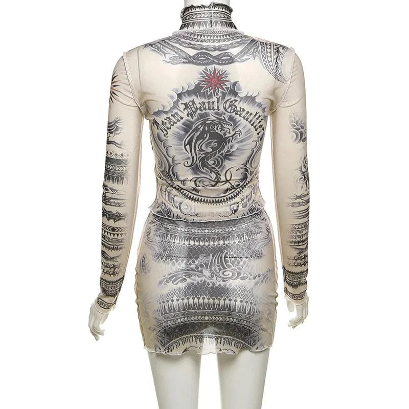 ZHEZHE Fashion 2024 Fashion Lady Street Wear Long Sleeve Printed Mesh See Through Cropped Tops and Mini Skirt 2 Piece Set Women