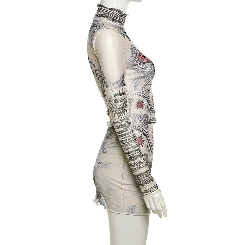 ZHEZHE Fashion 2024 Fashion Lady Street Wear Long Sleeve Printed Mesh See Through Cropped Tops and Mini Skirt 2 Piece Set Women