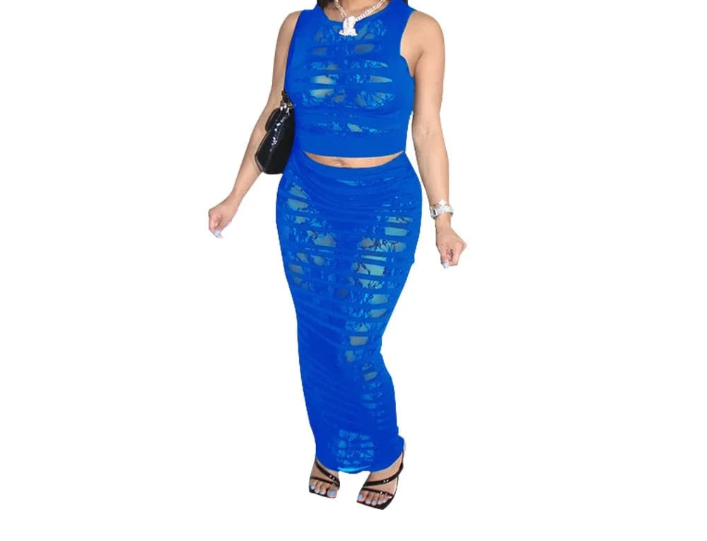 ZHEZHE Fashion 2024 New Chic Women'S Sexy Perspective Sleeveless Lace Cut Out Crop Top And Spliced Skirt Two Piece Set