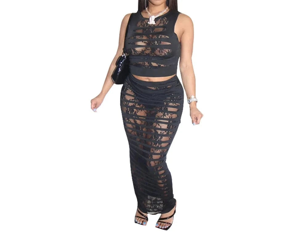 ZHEZHE Fashion 2024 New Chic Women'S Sexy Perspective Sleeveless Lace Cut Out Crop Top And Spliced Skirt Two Piece Set