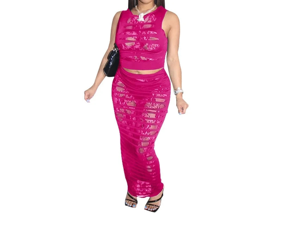 ZHEZHE Fashion 2024 New Chic Women'S Sexy Perspective Sleeveless Lace Cut Out Crop Top And Spliced Skirt Two Piece Set