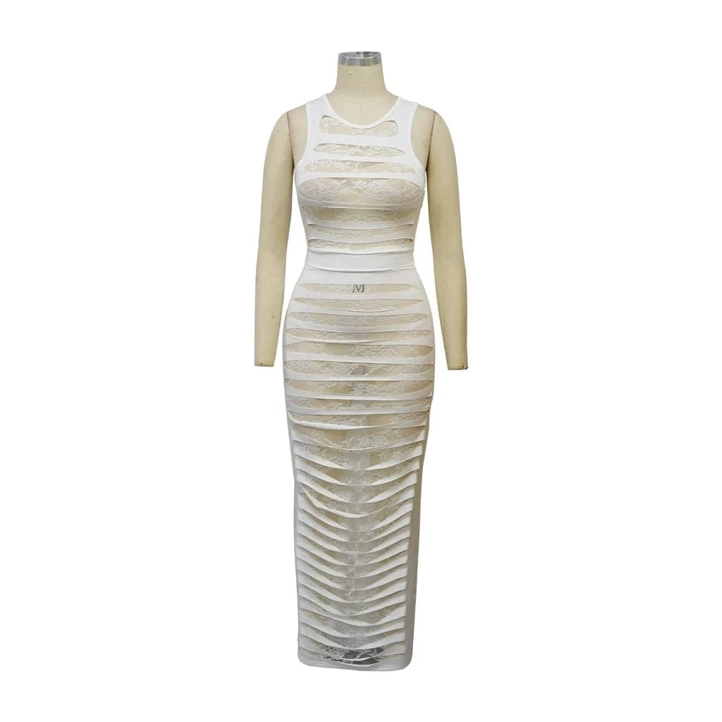 ZHEZHE Fashion 2024 New Chic Women'S Sexy Perspective Sleeveless Lace Cut Out Crop Top And Spliced Skirt Two Piece Set