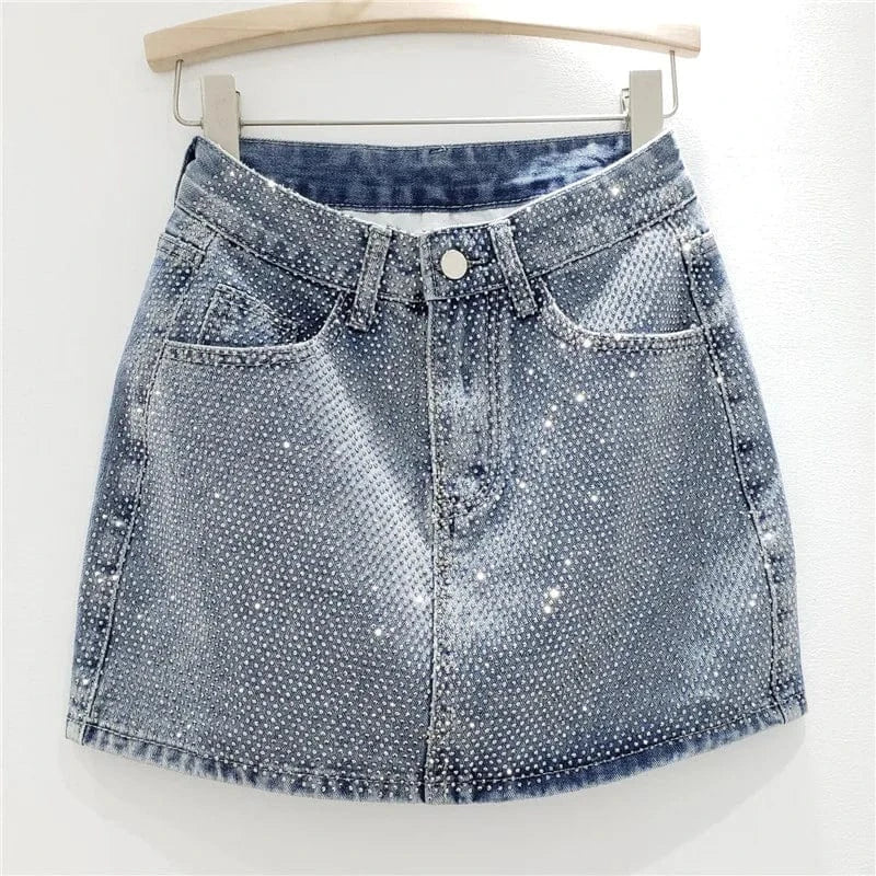 ZHEZHE Fashion 2024 New Spring Hot-diamond High Waist Jean A-line Short Skirt Bodycon Sexy Casual Outfit Skirt For Women Lady