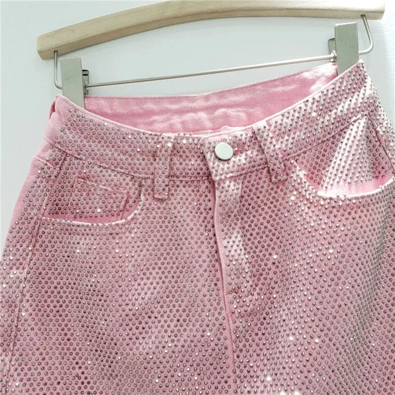 ZHEZHE Fashion 2024 New Spring Hot-diamond High Waist Jean A-line Short Skirt Bodycon Sexy Casual Outfit Skirt For Women Lady